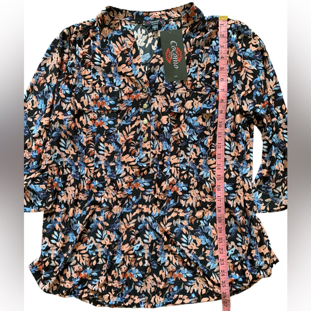 COCOMO 1X Plus Size Blue orange floral 3/4 sleeve women's Pintuck Blouse tunic - Picture 12 of 13